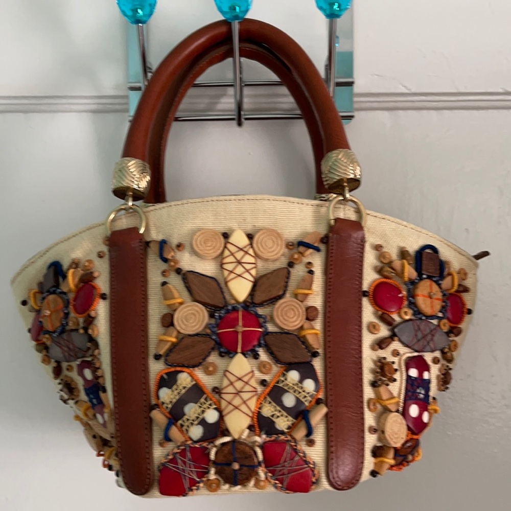 Oscar de la Renta Embellished Leather Trim Handbag